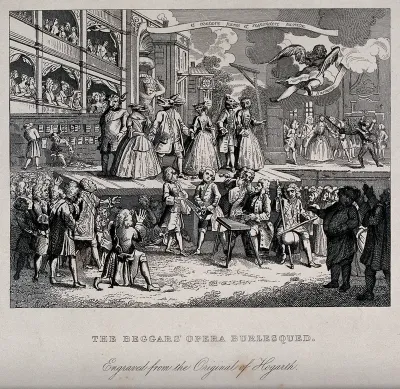 The Beggar's Opera performed by actors with animal heads; musicians in the foreground