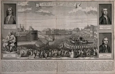 The beheading of Lords Balmerino and Kilmarnock at Tower Hill, London, in 1746, attended by a large crowd; with portraits of four of the rebel lords