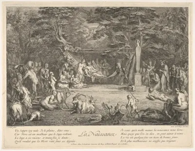 The Birth (La Naissance): in a forest, the new mother resting in a hammock at center, the newborn below her to left, various satyrs and goats surrounding, from "The lives of satyrs" (La vie des satyres)