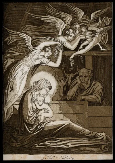 The birth of Christ; female angels swoon through the air; Joseph looks on