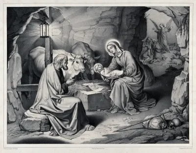 The birth of Christ; outside the crumbling cave, an angel announces the event to three shepherds
