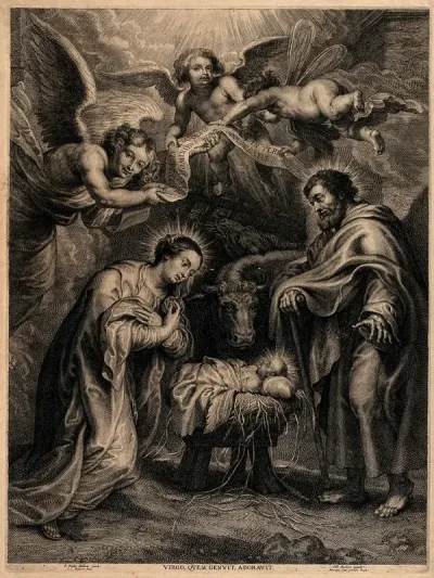 The birth of Christ; the Virgin kneels before the manger