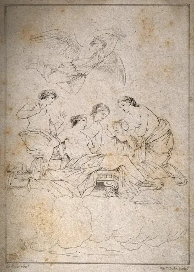 The birth of Cupid from Venus, Mercury flies above them and nymphs aid them