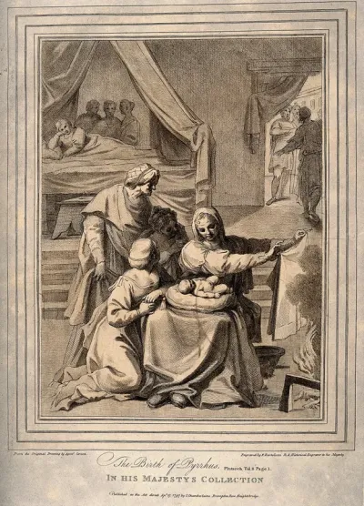 The birth of Pyrrhus, his mother Deidamia (?) recovers in bed while servants wash and tend him