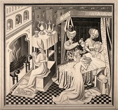The birth of Saint Edmund, he is being nursed by a midwife while his mother rests in bed and is aided by assistants, 1433