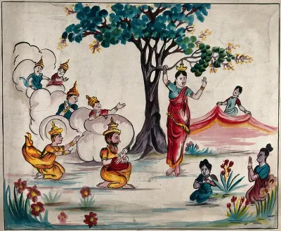 The birth of the Buddha (?): Queen Maya holds on to the branch of a tree while giving birth to the Buddha, who is received by god Indra as other gods look on