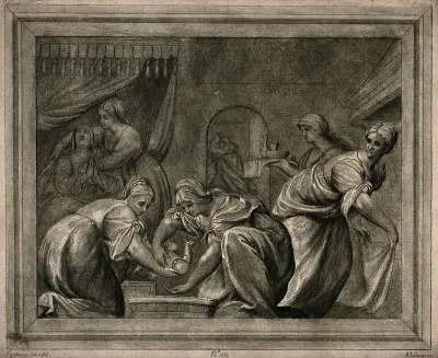 The birth of the Virgin (?) amidst much celebration