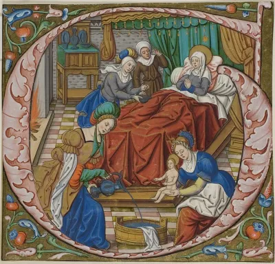The Birth of the Virgin in a Historiated Initial "G" from an Antiphonal