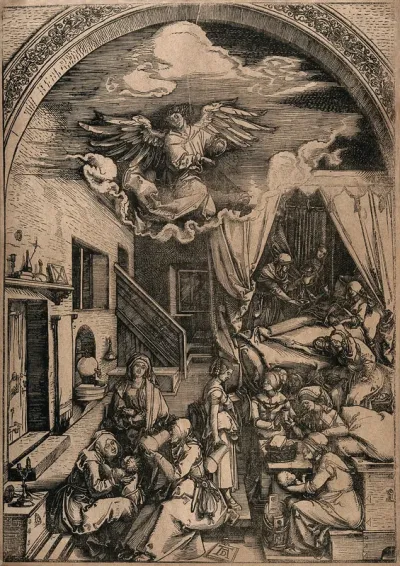 The birth of the Virgin Mary, Anna receives refreshments from attendants while the midwife gives Mary her first bath