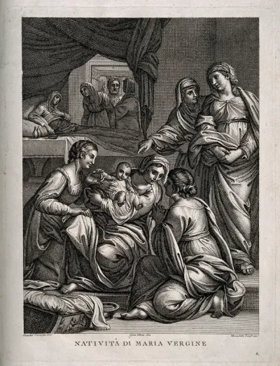 The birth of the Virgin Mary, Anna rests in bed while Mary is looked at in wonderment