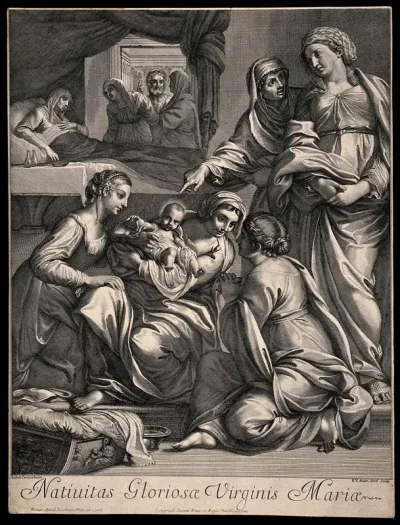 The birth of the Virgin Mary, Anna rests in bed while the child is looked at in wonder