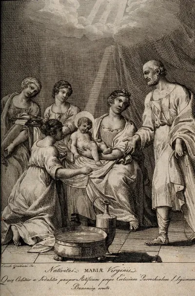 The birth of the Virgin Mary, she is seated on Anna's knee and surrounded by Joachim and adoring attendants