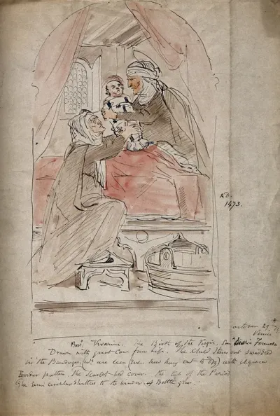 The birth of the Virgin Mary, the midwife hands the baby Mary (in swaddling clothes) to her mother Anne