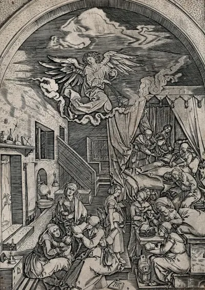 The birth of the Virgin: Saint Anne in bed receiving attention while others attend to the infant Virgin Mary, overlooked by an angel swinging a censer