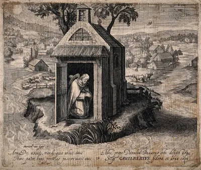 The Blessed Gamelbert of Michaelsbuch kneeling and praying in a chapel by the Danube; fields and houses in the background