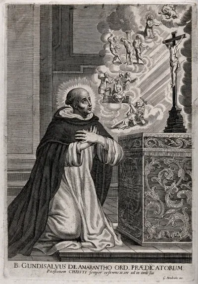 The Blessed Gonçalo de Amarante kneeling in front of an altar and having a vision of Christ's Passion