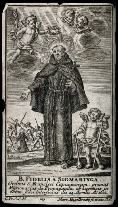 The Blessed (subsequently Saint) Fidelis of Sigmaringen wearing the Capucin dress and holding a cross, being crowned by cherubs; his martyrdom in the background