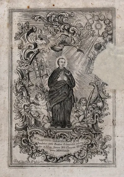 The Blessed (subsequently Saint) Francis Caracciolo, standing between two cherubim, surrounded by a rococo frame