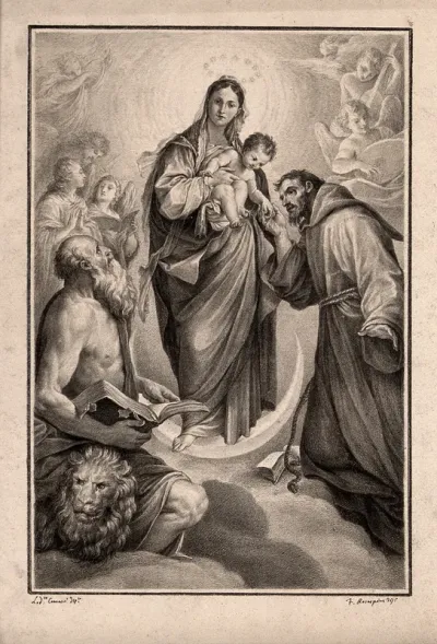 The Blessed Virgin with the Christ Child, Saint Jerome, Saint Francis of Assisi, and angels reading and playing music