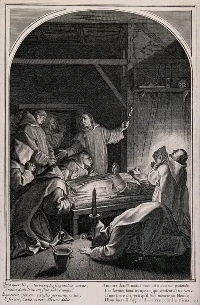 The body of Saint Bruno is laid out in state and surrounded by mourning Carthusian monks