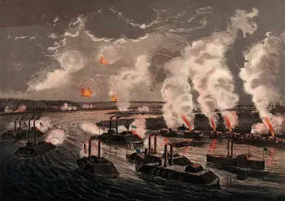 The bombardment and capture of Island 'Number Ten' on the Mississippi River, April 7th 1862: Federal gunboats and mortar boats are shown firing at the Confederate fortifications on the island