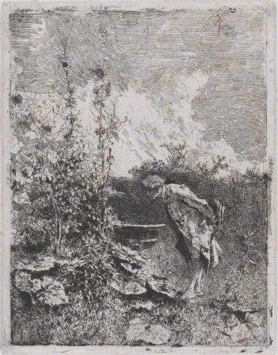 The botanist:  a man in a garden examining its contents