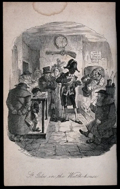 The boy St Giles, arrested for stealing a hat belonging to the boy St James, is arraigned before the night-constable at Covent Garden watch-house