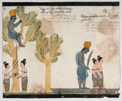 The brahmin, sitting in a tree, keeps the children of Vessantara tied up all night, and in the morning takes them on the road