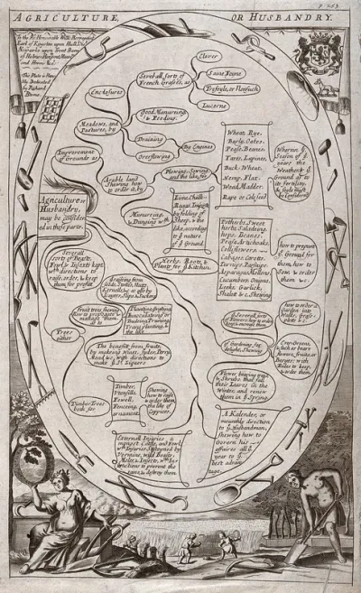 The branches of agriculture and husbandry linked by lines showing their progression; (below) workers scythe wheat