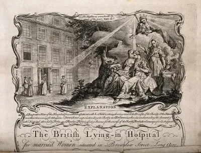 The British Lying-in Hospital, Holborn: the facade and an allegorical scene of charity
