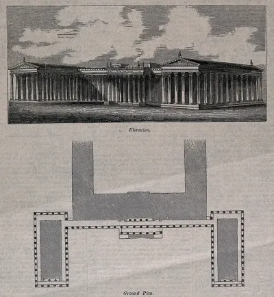 The British Museum: (above) the entrance facade, (below) the plan
