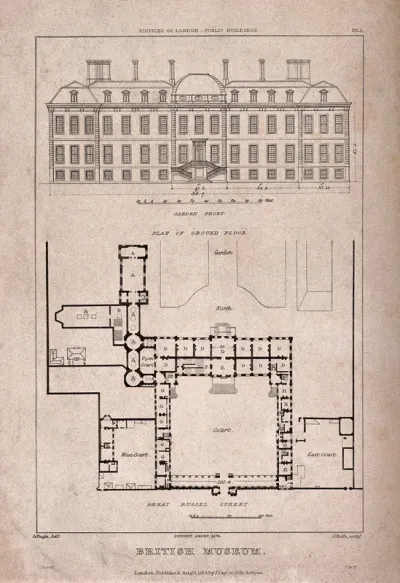 The British Museum at Montague House: a layout plan, and elevation of the garden facade