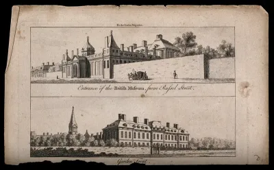 The British Museum at Montague House: (above) the Russell Street facade, and (below) the garden side, with the tower of St George's Church in the background