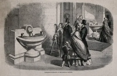 The British Museum: drinking fountains under the portico, with visitors