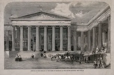 The British Museum: the entrance facade, during the delivery of the tomb of Mausolus