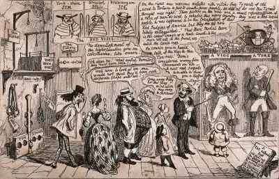 The British Museum: working-class people attending a guided tour and looking at exhibits of English history in glass cases and on the walls