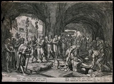 The burial of Adam: Adam is wrapped in linen sheets and lowered into the grave while a large crowd of mourners is looking on