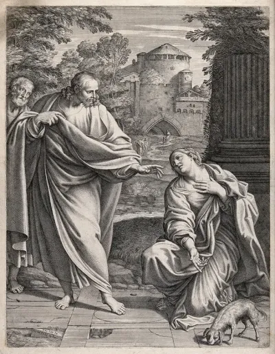 The Canaanite (or Syrophoenician) woman asks Christ to cure her possessed daughter; she points to a dog, to which she compares herself