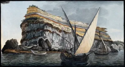 The Capo dell'Arco promontory on the island of Ventoténe (Ventotiene, ancient Pandatoria), showing strata of tufa and lava