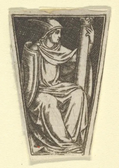 The cardinal virtue of Fortitude represented by a seated woman, her right hand on a column  (possibly a modern impression)