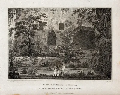 The Castalian spring at Delphi; the cavities in the rock are for votive offerings