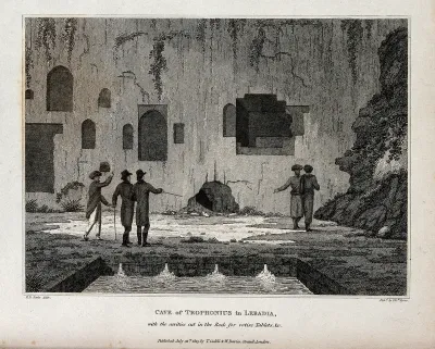 The cave of Trophonius in Livadeia, Greece; the cavities in the rock are for votive offerings