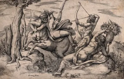 The centaur Nessus being shot by Hercules while carrying off Deianeira
