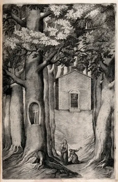 The chapel of the beech tree on mount La Verna; Christ appearing to a monk named Giovanni