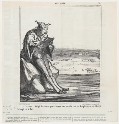 The Charivari. Forced to draw a new map of an area now used for manoeuvres, which used to be the location of the "Temple of Peace," from 'News of the day,' published in Le Charivari, November 26, 1867