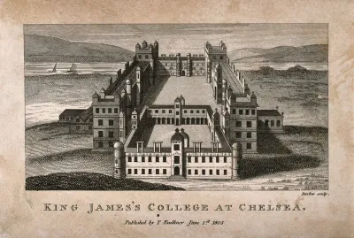 The Chelsea College: aerial view from the north with boats on the river