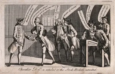 The Chevalier D'Eon meets bankers in a London office or coffee-house to discuss wagers placed on whether D'Eon was a man or a woman
