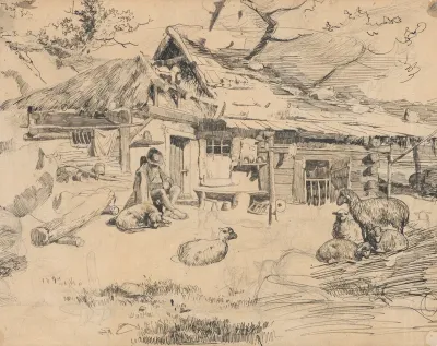 The Chief Shepherd Sitting in front of a Wooden Hut
