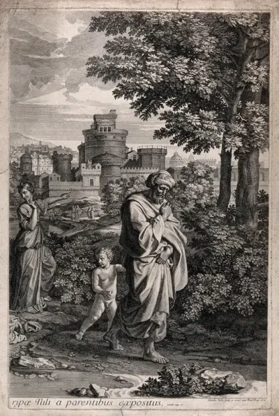 The child Aaron being led away by Moses' father, after abandoning Moses in the bullrushes