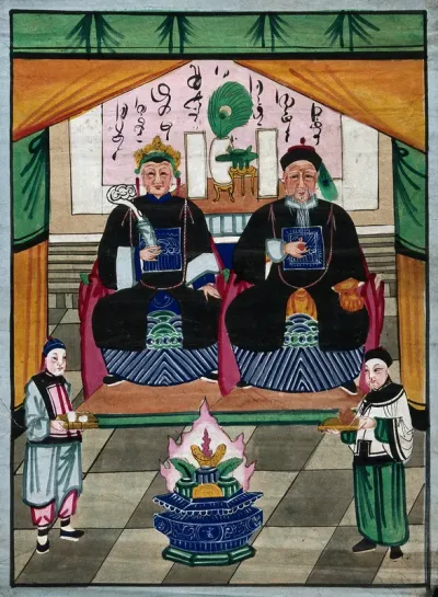 The Chinese Fox-Genius (Hu) with retainers bringing offerings